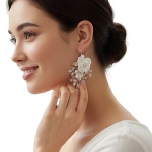 White Flower Opal Rhinestone Dangle Earrings – Silver Plated Bridal Jewelry